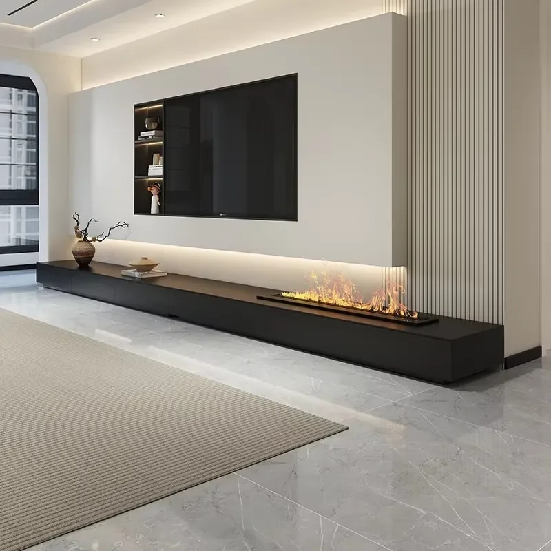 Santopova Minimalist TV Feature Wall with Ambient LED & Fireplace, Modern Living Room Media Center