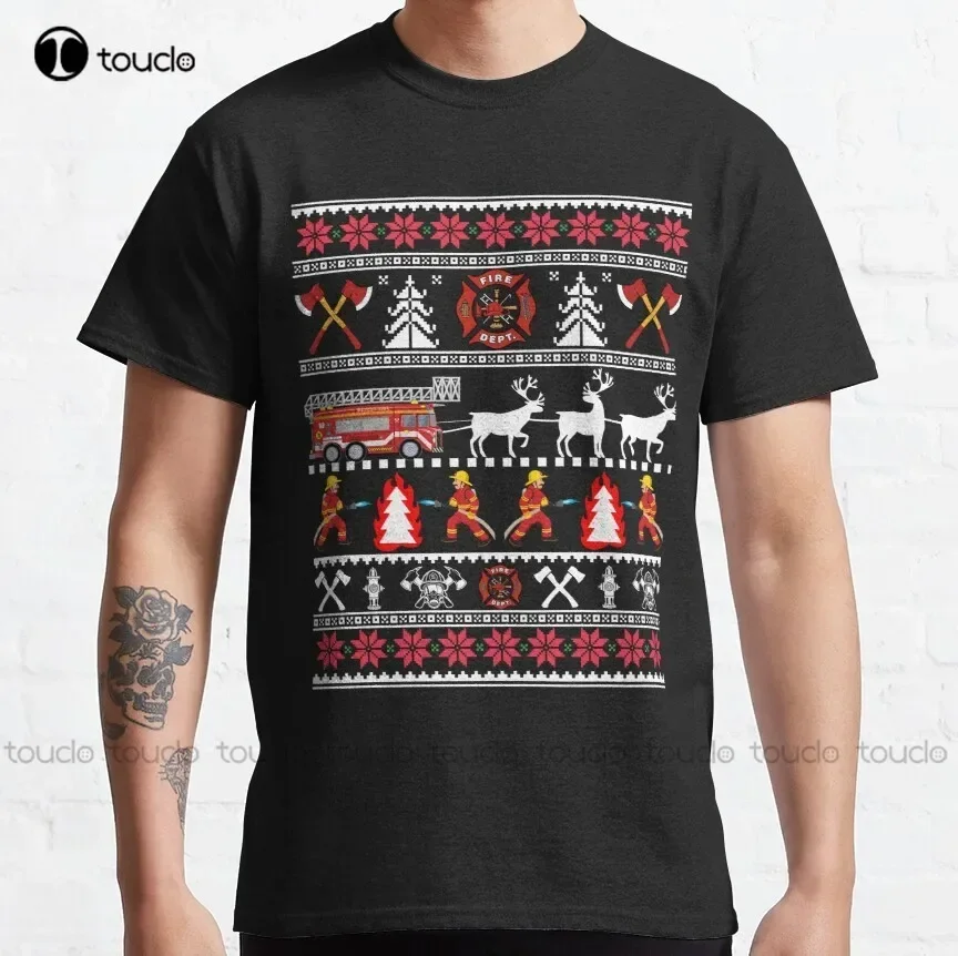 Firefighter Ugly Christmas Sweater - Fireman Fire Department Christmas Shirt Classic T-Shirt Mens T Shirts Casual Fashion Funny