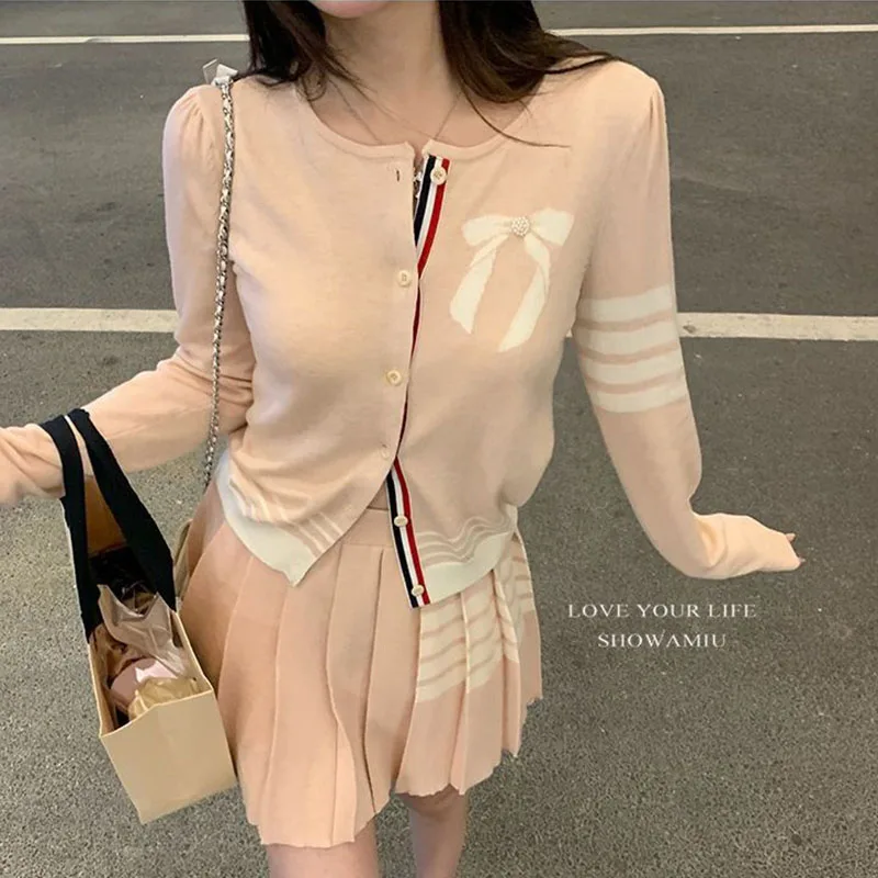 Korean College Style Short Skirt Set Knitted Cardigan Jacket+versatile Design Pleated Skirt Half Skirt Two-piece Set for Women