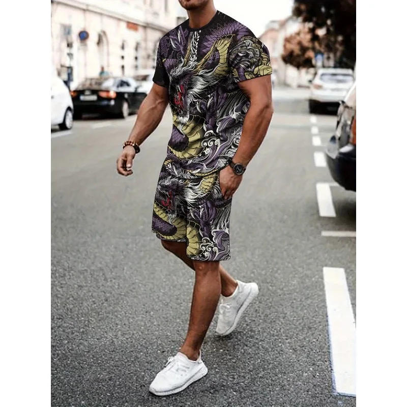 2025 Summer New Trend Retro Men's Fashion T-shirt 3D Digital Printing Creative Casual Round Neck Short Sleeved Shorts Set