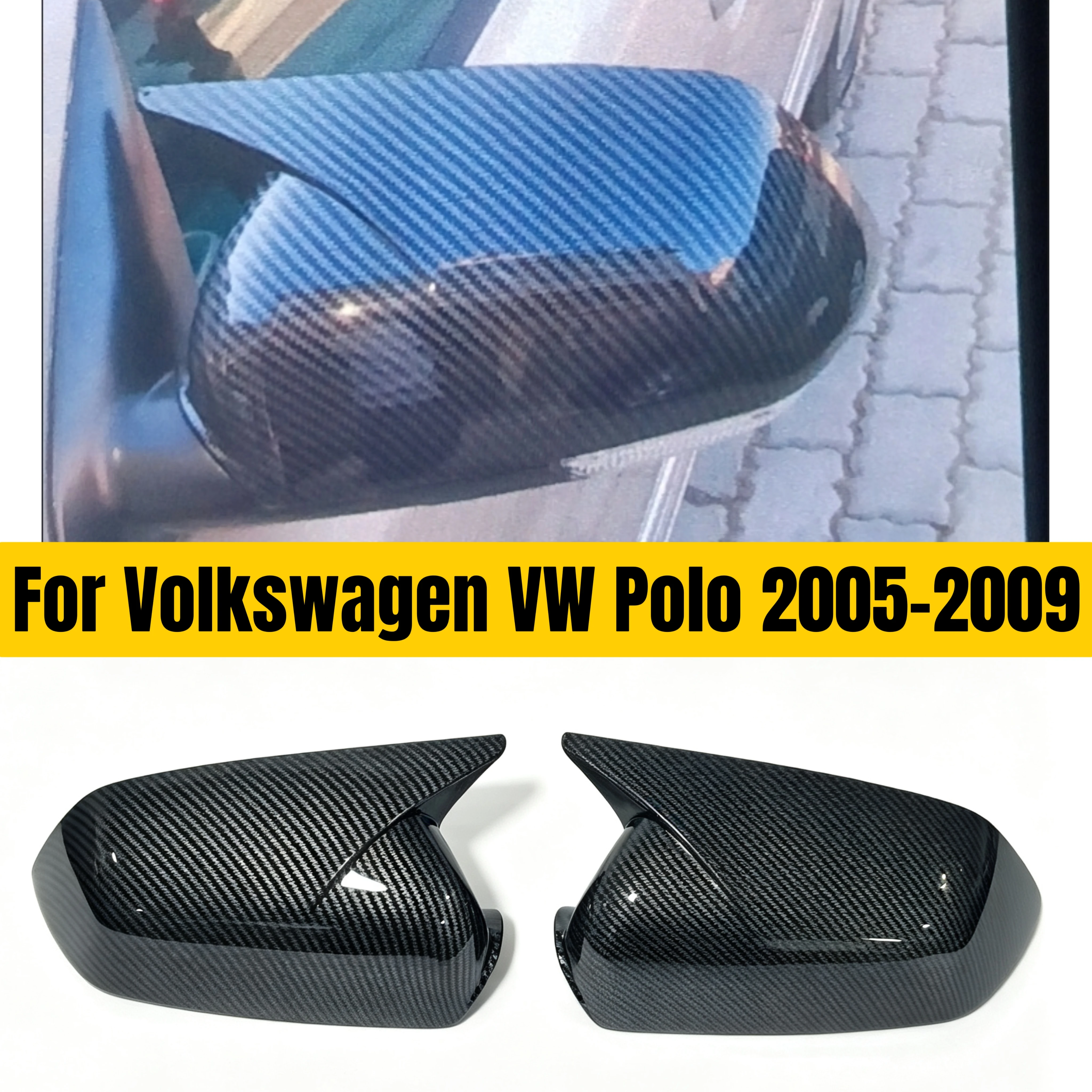 

For Volkswagen VW Polo 2005 2006-2009 ABS Car Rearview Side Mirror Cover Wing Cap Exterior Door Housing Trim Adhesive Sticker