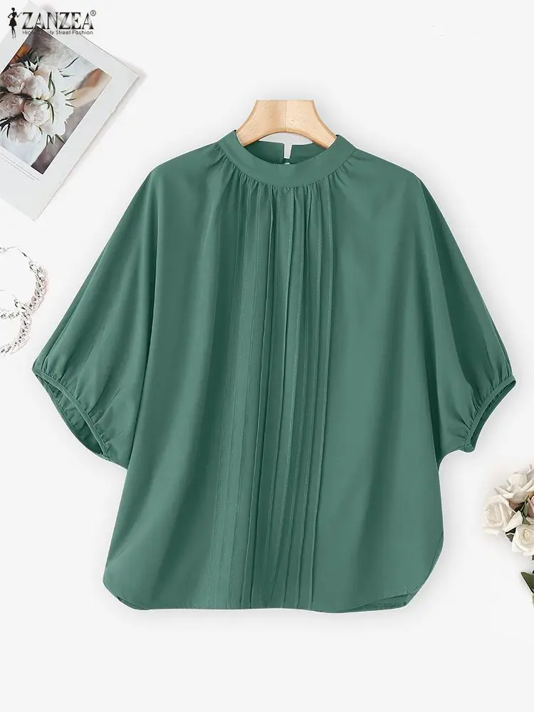 ZANZEA Camicetta elegante a pieghe da donna 2025 Top moda Casual Mezza manica a sbuffo Camicie larghe solide Colletto alla coreana Office Lady Blusas
