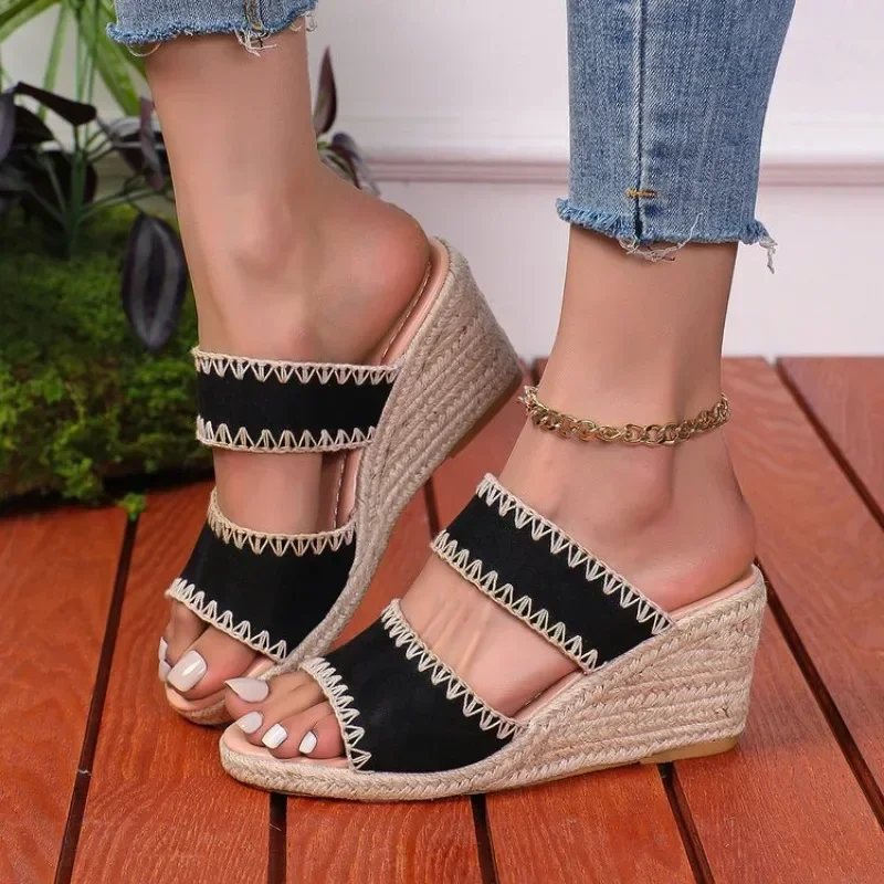 

Summer Large Size Women's Sandals House Slippers Wedge Platform Slides Fashion Peep Toe Women Heels Luxury Rome PU Cotton Fabric