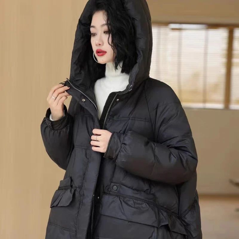 Hooded Duck Down Jacket for Women, Thickened Warm Jacket, Leisure Coat, Pocket Coat, Fashion, New, Winter, 2024