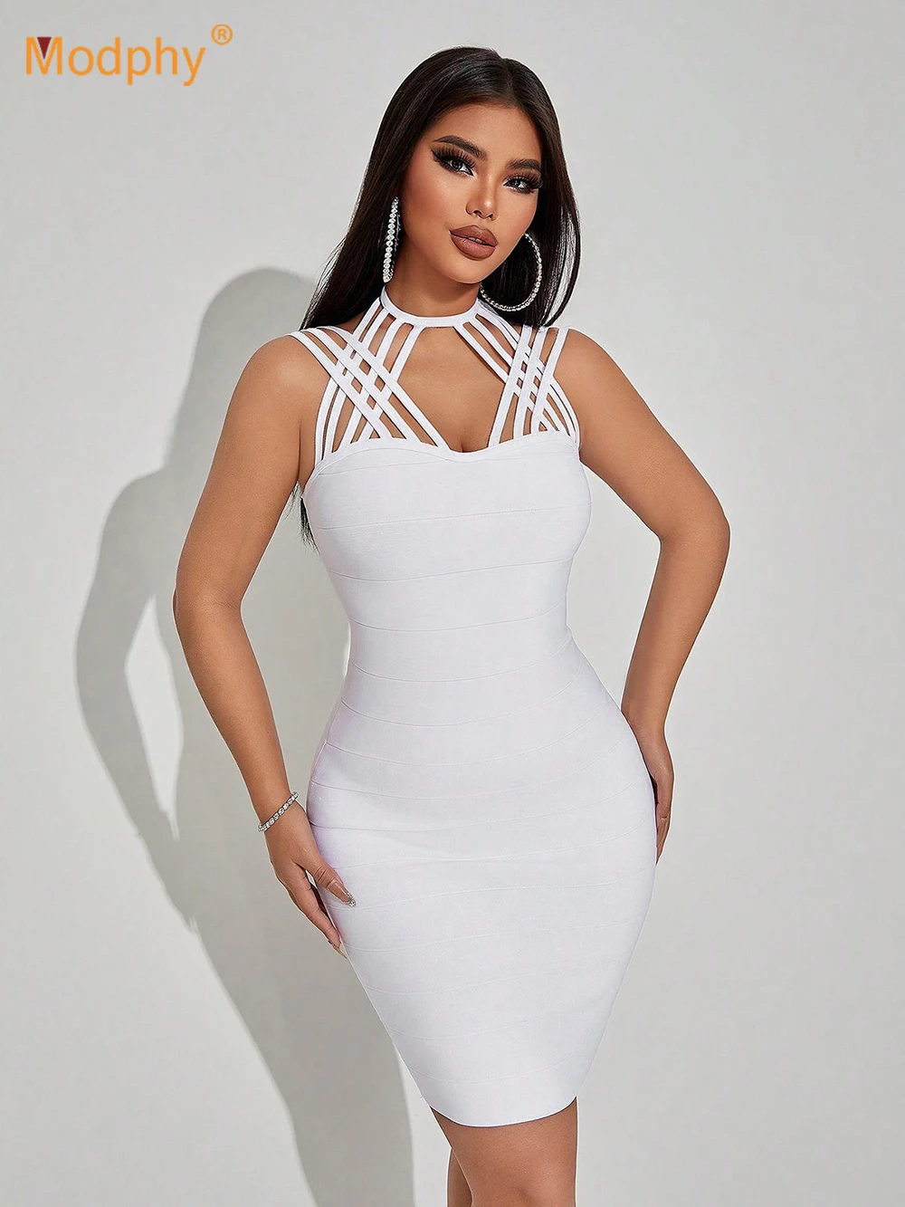 Modphy 2024 New White Hollow Cross Spaghetti Strap Design Tight Bandage Mini Dress Women's Sleeveless Retro Club Party Dress