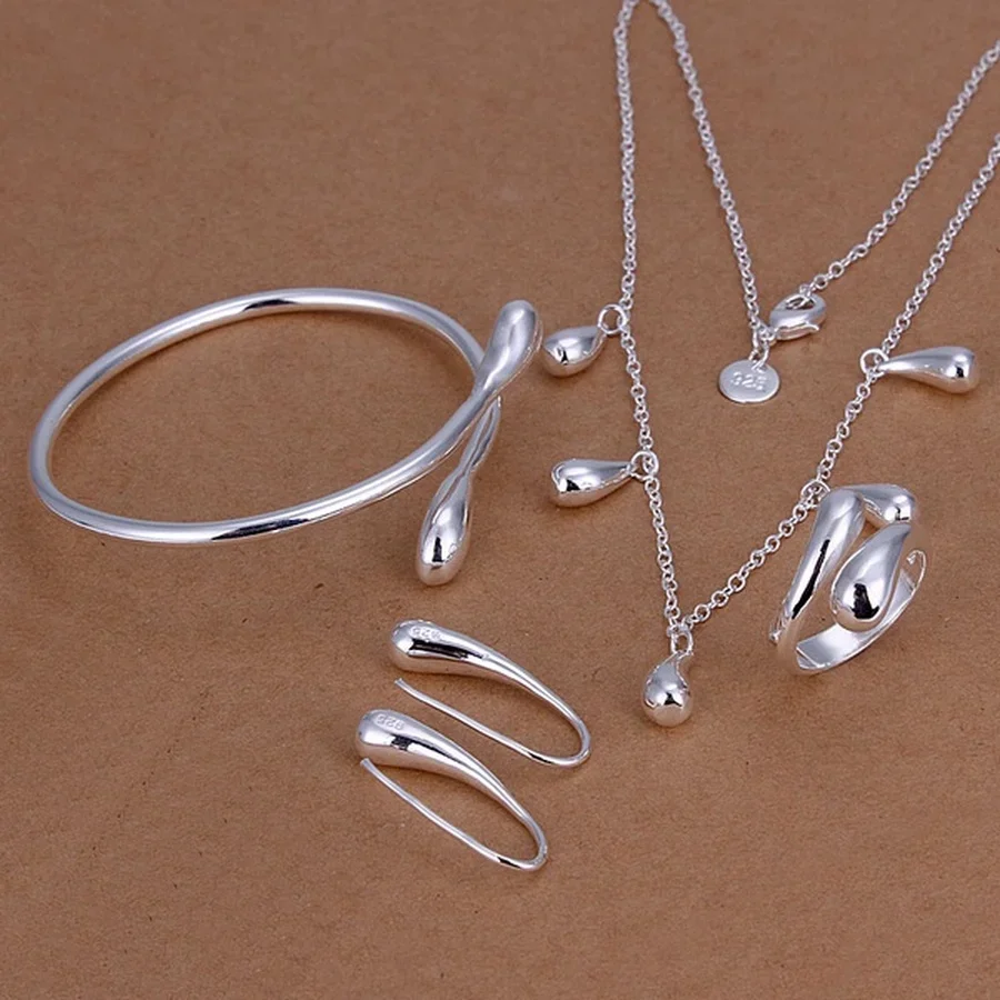 

Fine 925 Silver Jewelry Sets Female Lady Women Wedding Drops Rings Earrings Bangles Necklace Fashion Set