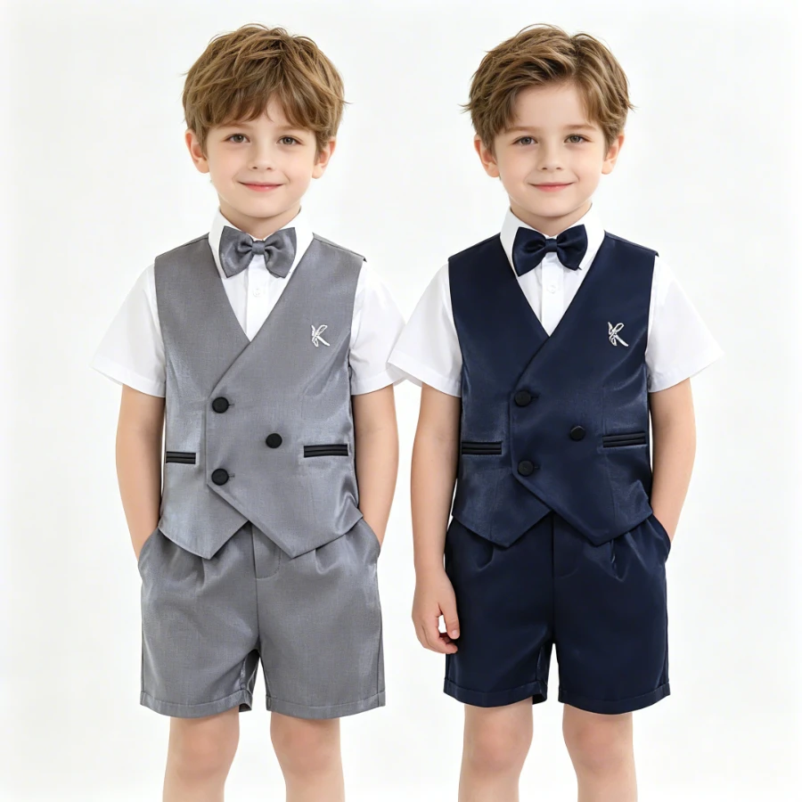 

Boys Double Breasted Short Sleeve Vest Suit Set Formal Tuxedo Outfit for Kids Toddlers Child Wedding Ring Bearer Birthday Party