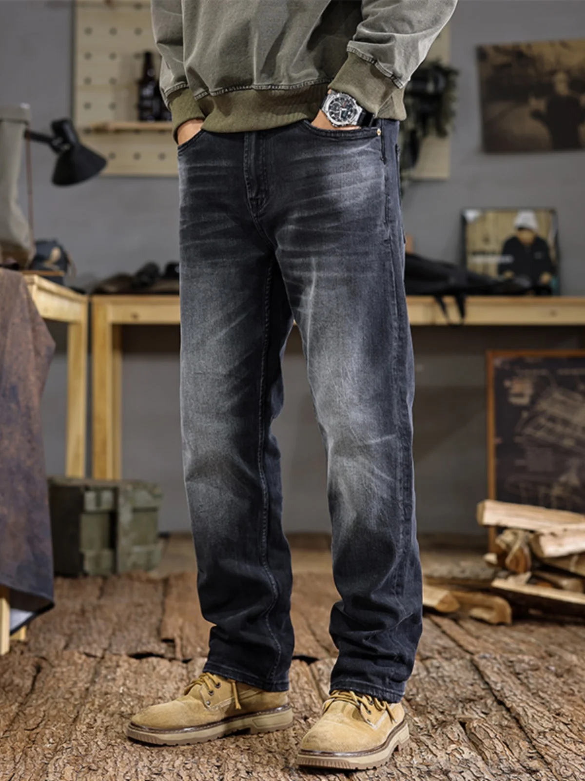 

Мужские джинсы в стиле ретро, американские, плотные, повседневные, свободного кроя, больших размеров, прямые, универсальные, длинные брюки Haome