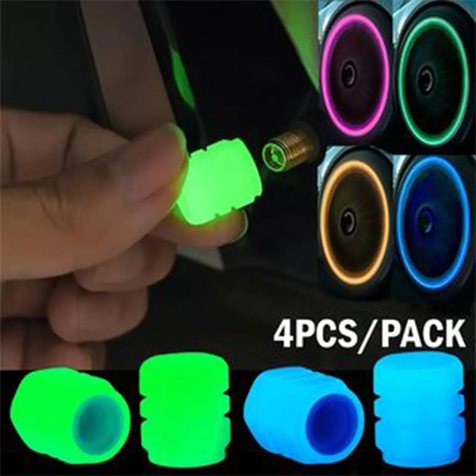 

4PCS Luminous Car Tire Valve Cap Fluorescent Night Glowing Decor Motorcycle Bike Wheel Nozzle Dustproof Tire Valve Stem Caps