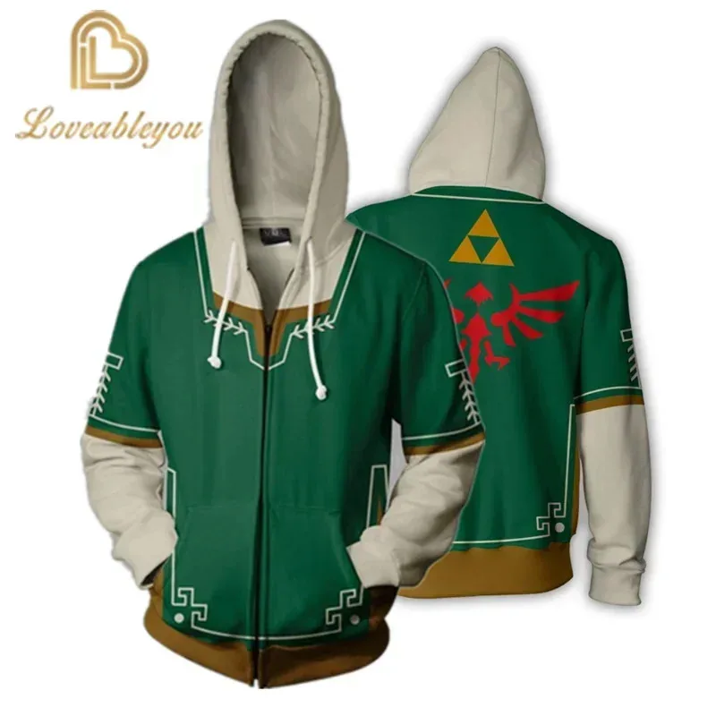 qq28Game Zelda 3D Dicetak Ritsleting Hoodie Kostum Cosplay Sweater Mantel Kasual Halloween Street Anime Jaket untuk Pria Wanita