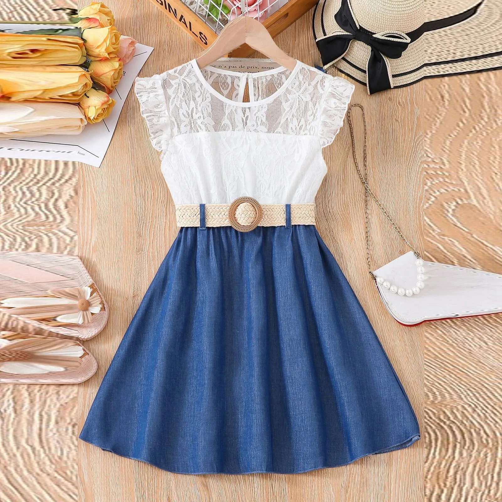 Girls Lace Flying Sleeve Fashion Solid Color Dress 7t 12t New Summer Sleeveless Lace Dress Birthday Party Holiday Causal Clothes