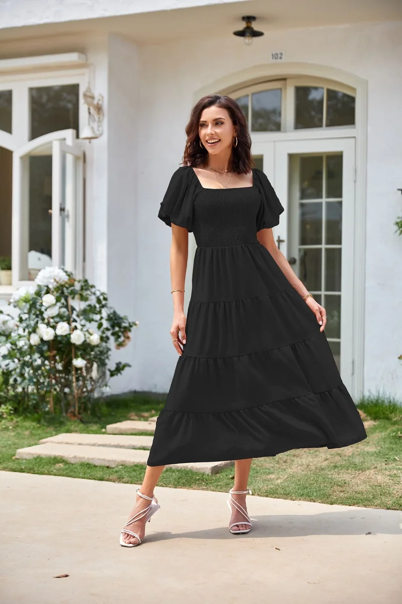 

New Women's Dress Loose Casual Fashionable Color In Autumn Winter Square Collar Backless Puff Sleeve Pleated Short-sleeved Dress
