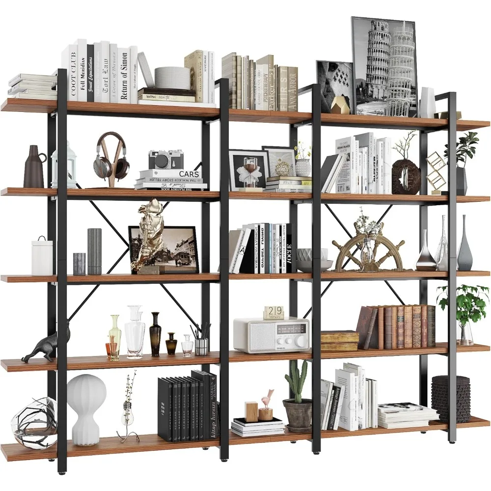 

5 Tier Bookshelf Open Rustic Wide Industrial Style, Wooden Big Book Shelf for Home Living Room Bedroom Office Storage, Bookcases