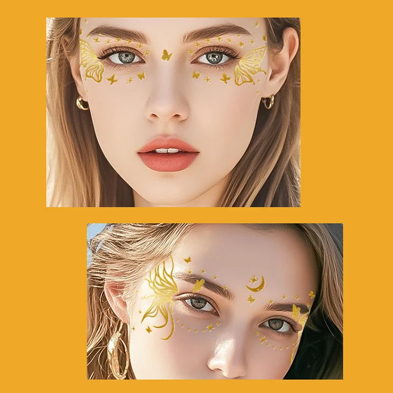 ملصقات على شكل فراشة لامعة وشم للوجه وشم ذهبي مؤقت معدني شارات مكياج مقاومة للماء لمهرجانات حفلات الفتيات