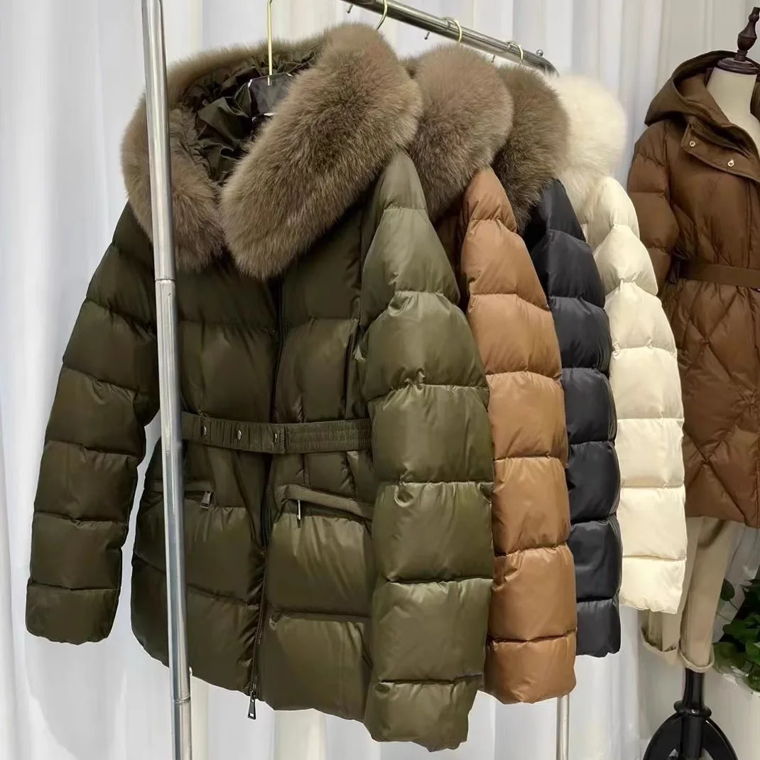 

Women's Fur Collar Hooded Puffer Jaet Mid-Length Waist-Cinching Belted Warmth Korean Sle Thiened Durable Coat