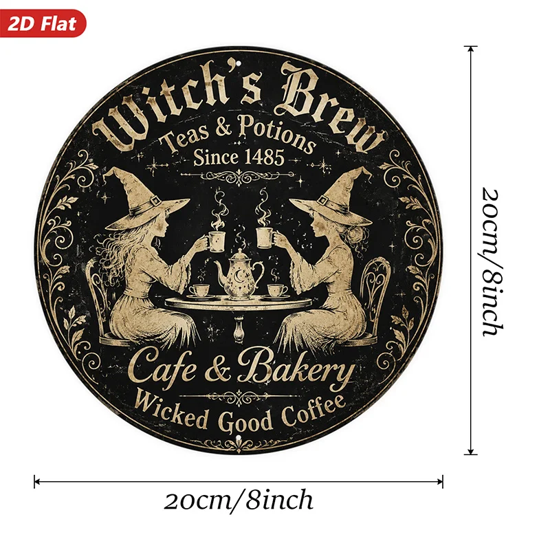 2D Flat, 1pc Witch Cafe Brew Round Metal Sign Wall Art, Ideal for Entryway Workspace, Home Decor, Witch'S Brew Wording, Teas And