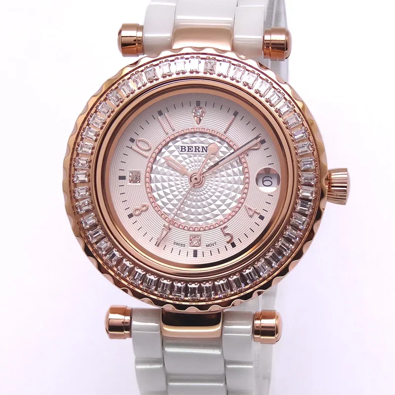 BERNY Quartz Women Wristwatch Ceramics Ladies Watch With 48 Zircon Inlaid Waterproof Rose Gold Bracelet High Accuracy Watches
