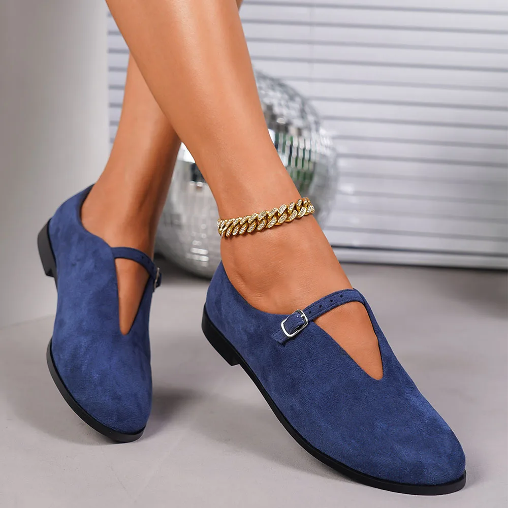 Ballerine da donna nuove di zecca, taglia 42, colore blu floccato, con cinturini con fibbia, punta tonda, modello Mary Jane, scarpe basse da ballo, perfette per tutti i giorni._voghion.com