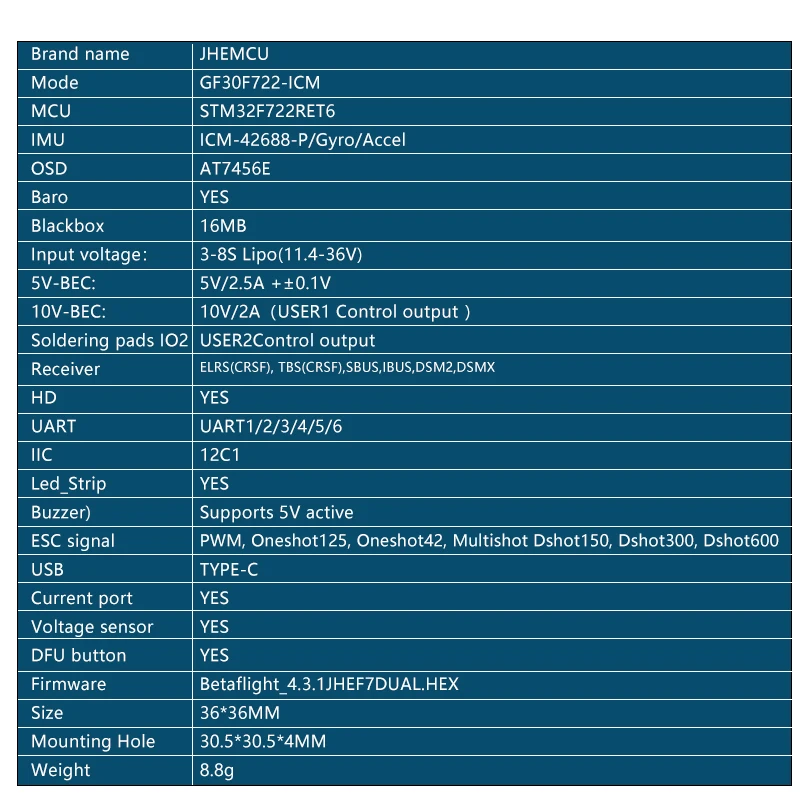 JHEMCU GF30F722-ICM Flight Control F7 F722 FC Dual BEC 5V 10V Baro OSD HD 3-8S Lipo Input For RC FPV Freestyle Drone Par