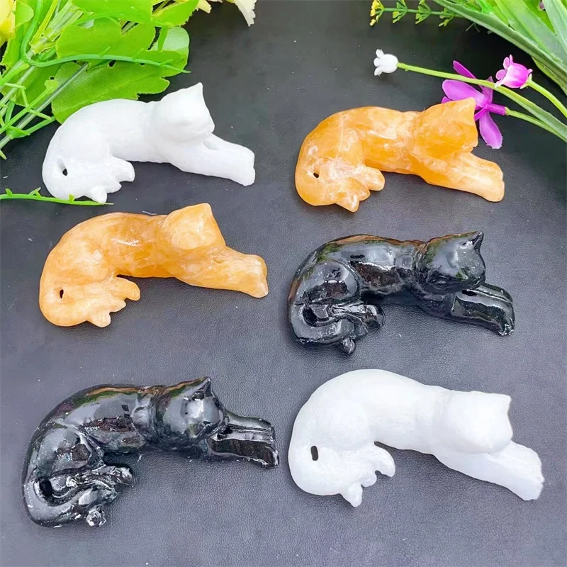 

8cm Natural Crystal Quartz Cartoon Cat Carving Healing Lucky Stone Collection Cute Birthday Children Gift Home Decoration 1pcs