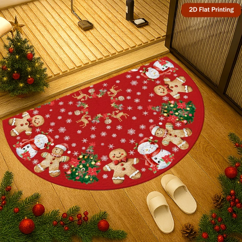 VIKAMA Cute Half Circle Christmas Rug Cartoon Gingerbread Man Short Pile Non Slip Indoor Outdoor Entry Mat Holiday Decor