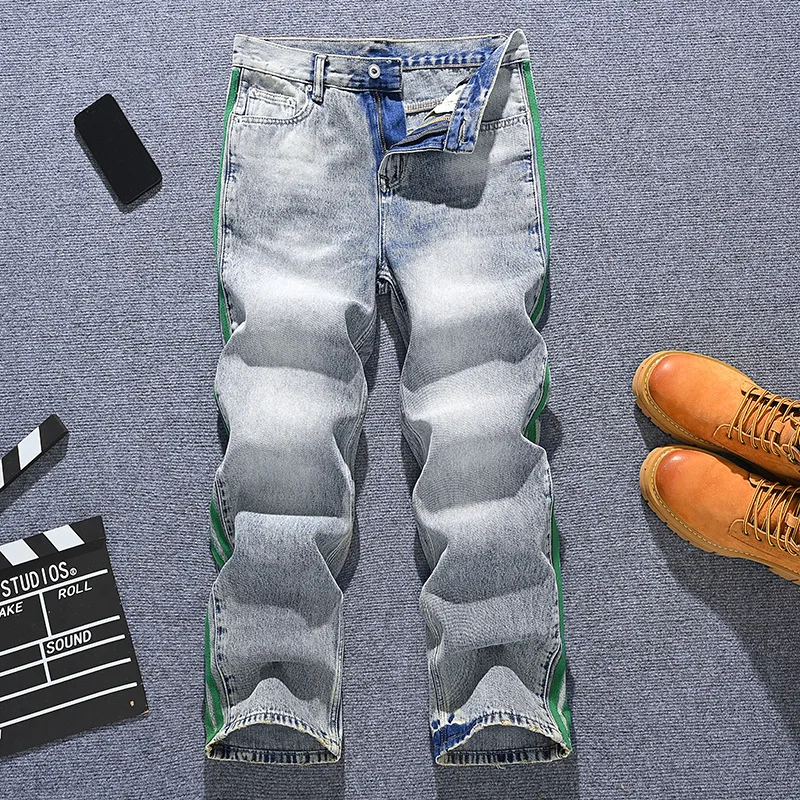 

Модные американские свободные прямые джинсы для мужчин, молодежи, ретро и модного полосатого дизайна, уличные повседневные брюки
