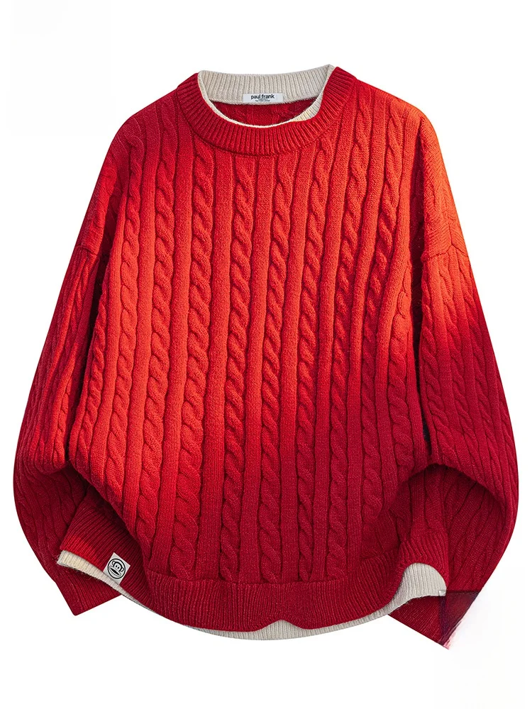 

PaulFrank Monkey Red Knitted Sweater Fake Two-Piece Warmth Casual Sle Men's Winter Faionable Knitwear Soft Comfortable