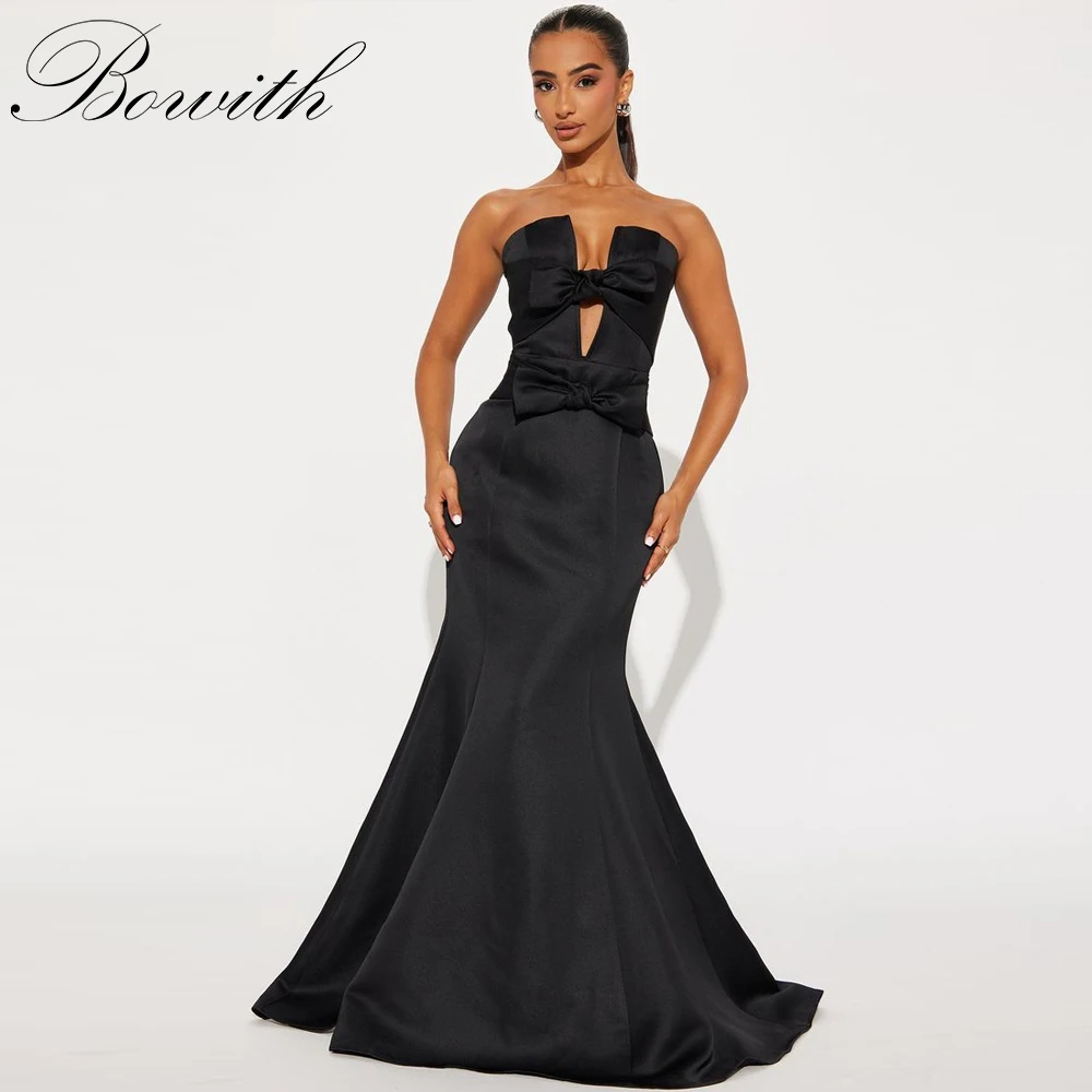 

Bowith Mermaid Black Evening Dresses Strapless Bow Party Dresses Customized Satin Floor-Length Prom Dress vestidos de fiesta