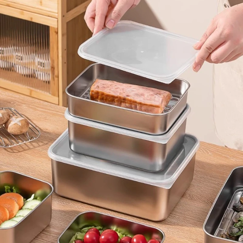 Stainless Steel Fresh-Keeping Box Equipped Vegetable Small Ingredient Box Sealed Lid Refrigerator Food Fresh-Keeping Fruit Box