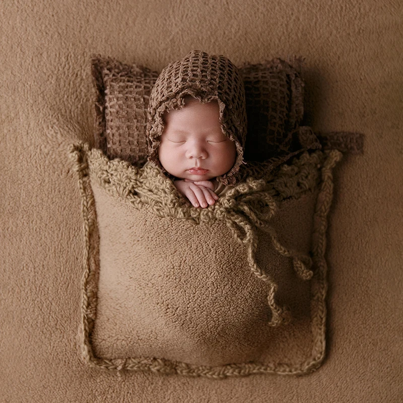 Newborn Photography Props Brown Background Blanket Accessories With Pocket Cute Hat Pillow 0-1M Baby Shoot Props Studio Photo