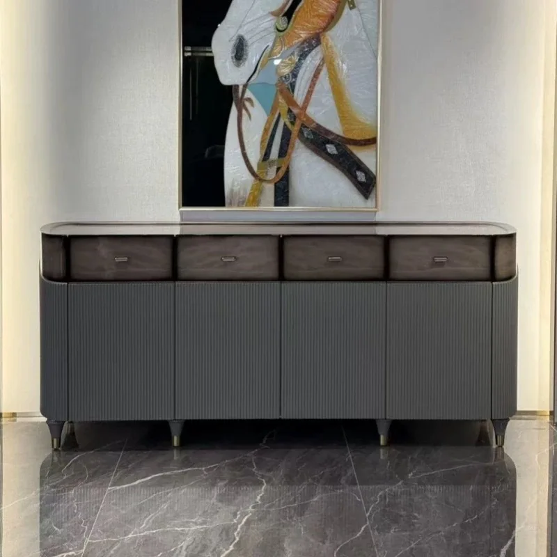 Italian large flat leather sofa light luxury villa living room