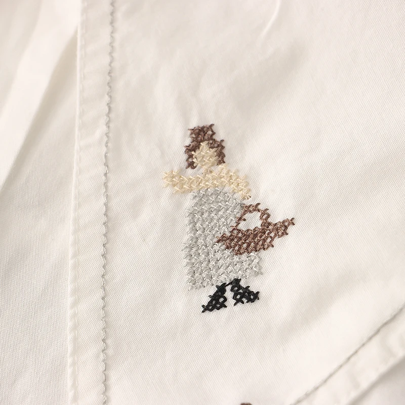 Outono dos desenhos animados menina bordado peter pan colarinho blusa topos roupas femininas camisa branca de manga comprida camisas e blusas de algodão u361