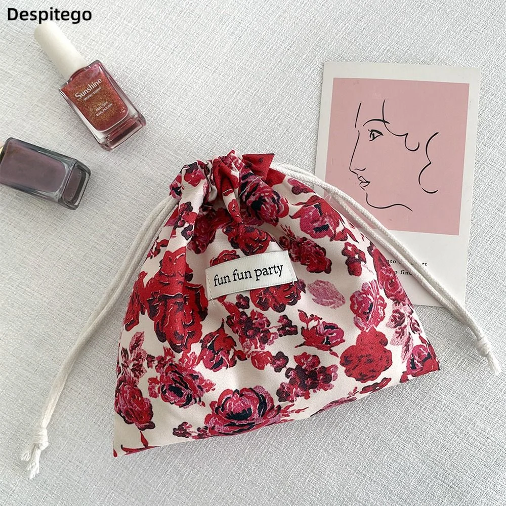 Casual Colorful Floral Drawstring Bag Retro Mini Makeup Bag Cosmetic Bag Ins Style Storage Pouch Daily