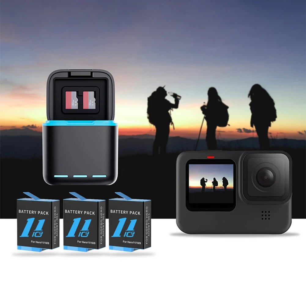 Estação do Carregador de Bateria com Cabo Tipo C, Estojo para Armazenamento de Baterias, 2 Slot SD para Go Pro Hero 12, 11, 10, 9, 3 Channel