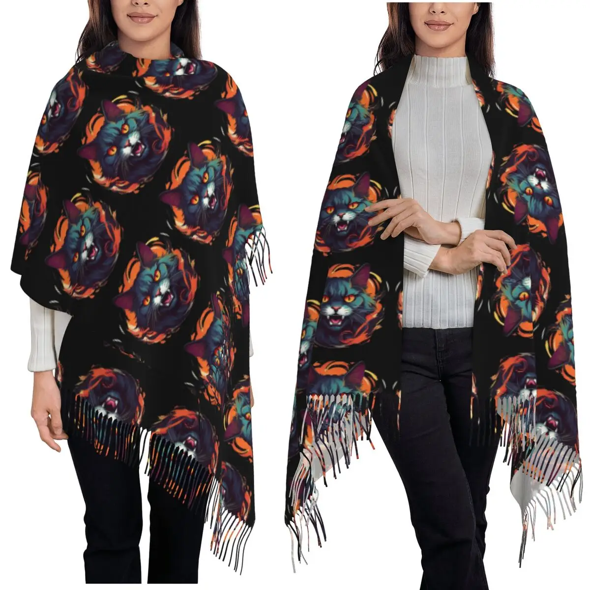 Creapy Halloween Black Cat, Autumn Fall Scarf Tassel Scarves for Women Soft Warm Shawls and Wraps Long Fall Winter Shawl Wrap