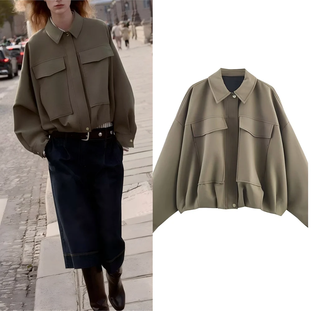 

Women's new fashion flap pocket decoration loose pleated hem pilot jacket Coat retro long sleeved zipper women's Coat chic top