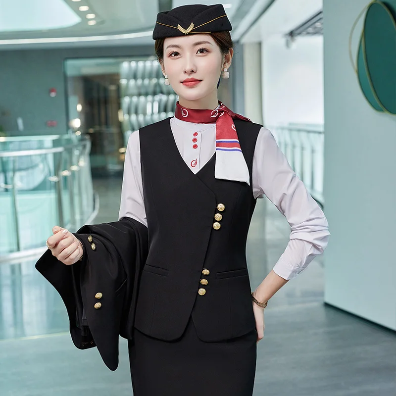 Gute Qualität benutzer definierte Logo Frauen Weste Hose Rock Stil Stewardess Flug begleiter Uniform mit Hüten Flug begleiter Uniform