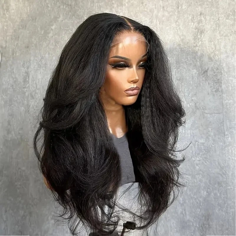 Women's with a middle parting, large waves, black full-head synthetic long curly hair, hand-woven front lace wig