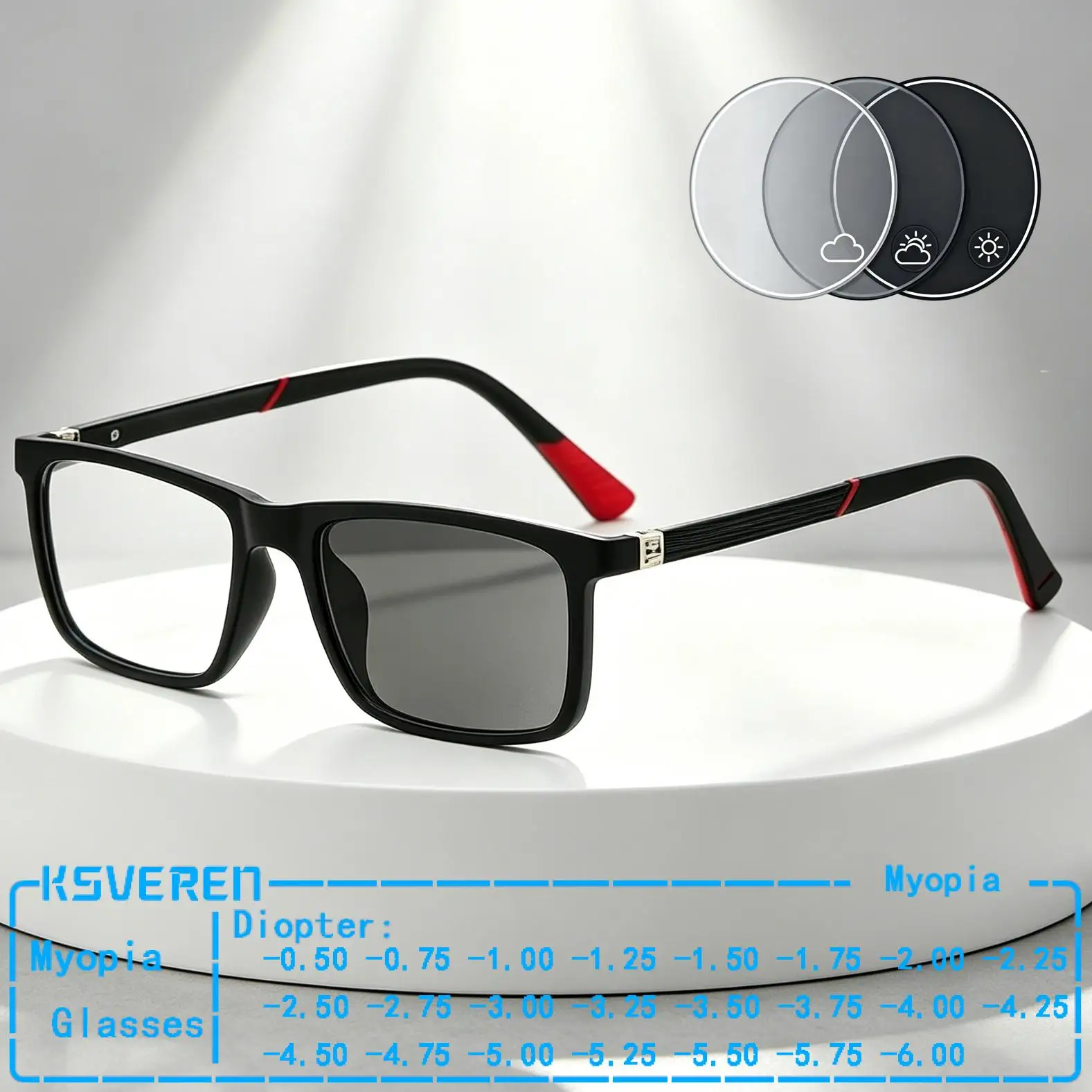 TR90 Classic Square Photochromic Myopia Glasses Men Outdoor Sports Prescription Eyeglasses Negative Diopter Sun Discolor Lens