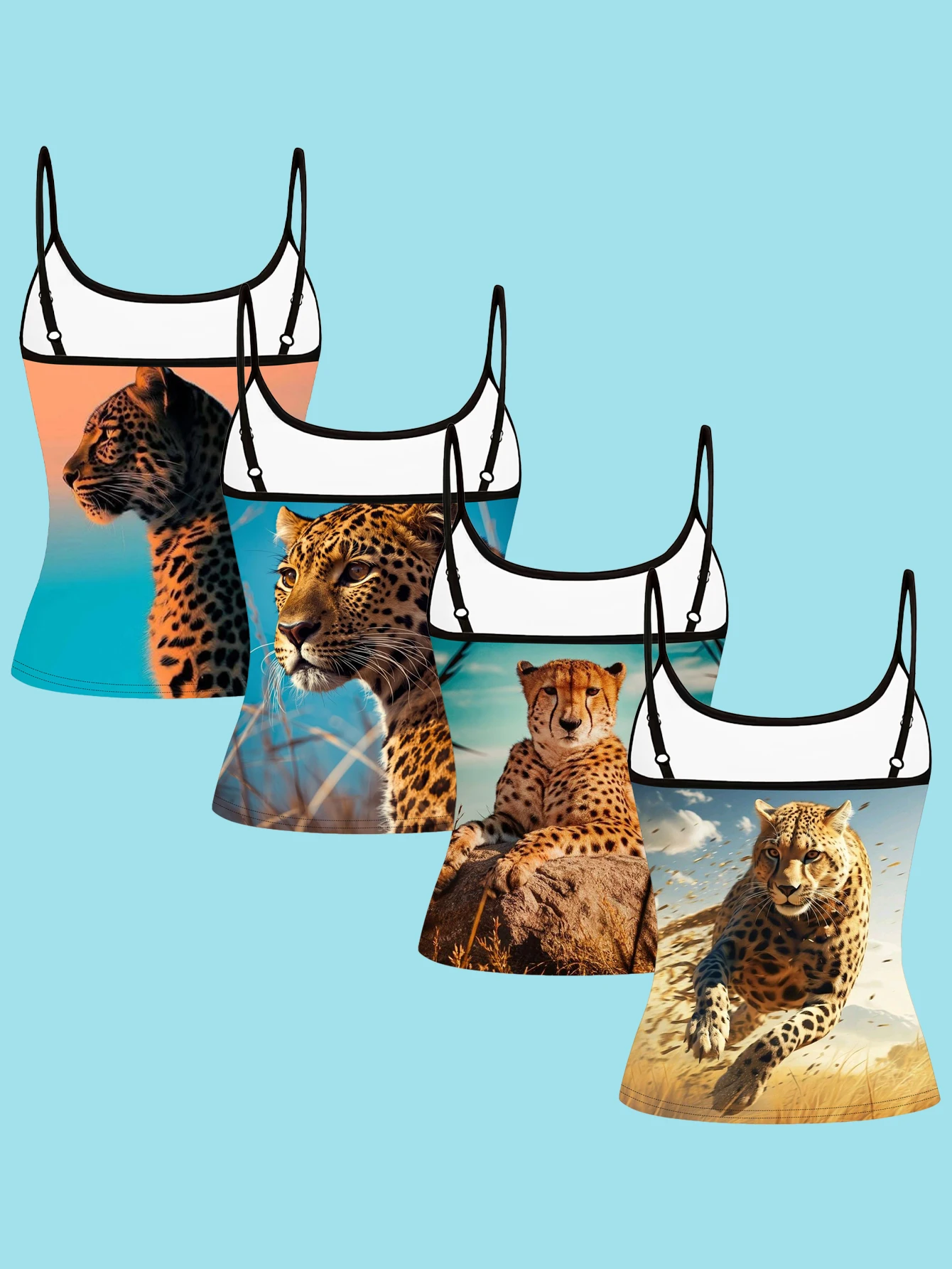 4-Piece Set of Women's Prairie Cheetah Realistic Animal Print Spaghetti Strap Camisole Slim-Fit Base Layer Tops