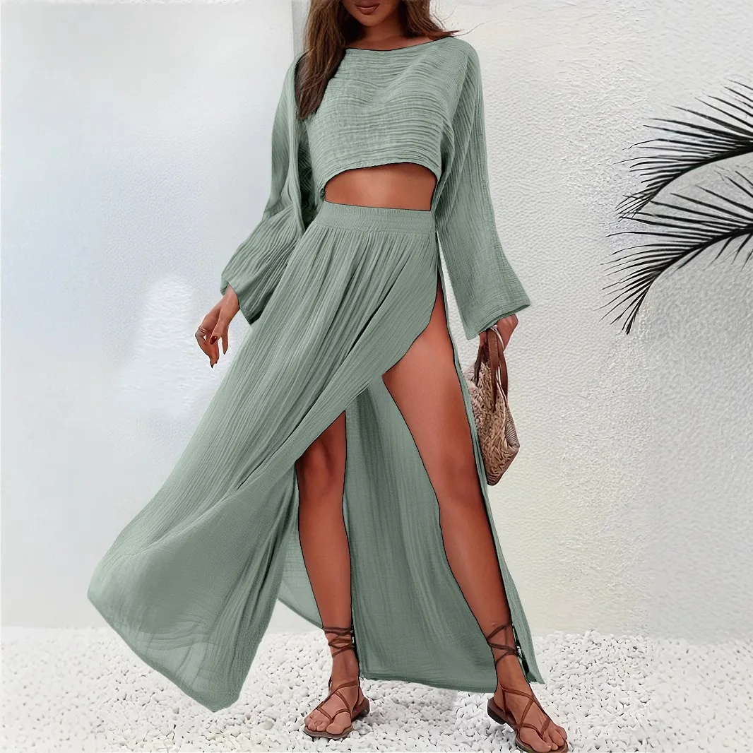 

2025 Casual Vacation Linen Blend Short Top High Waist Chic Slit Cotton and Linen Casual Two-piece Set
