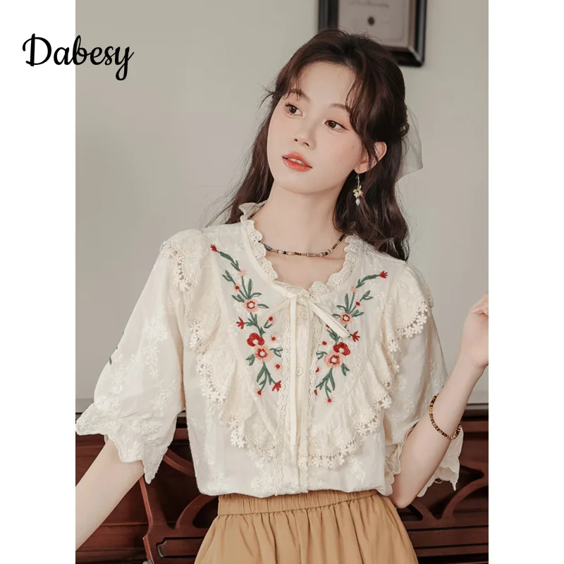 Vintage Lolita Ruffles Embroidery Cotton Shirt Women Summer Japan Mori Girl Lace-up Puff Sleeve Blouse Sweet Kawaii Casual Tops