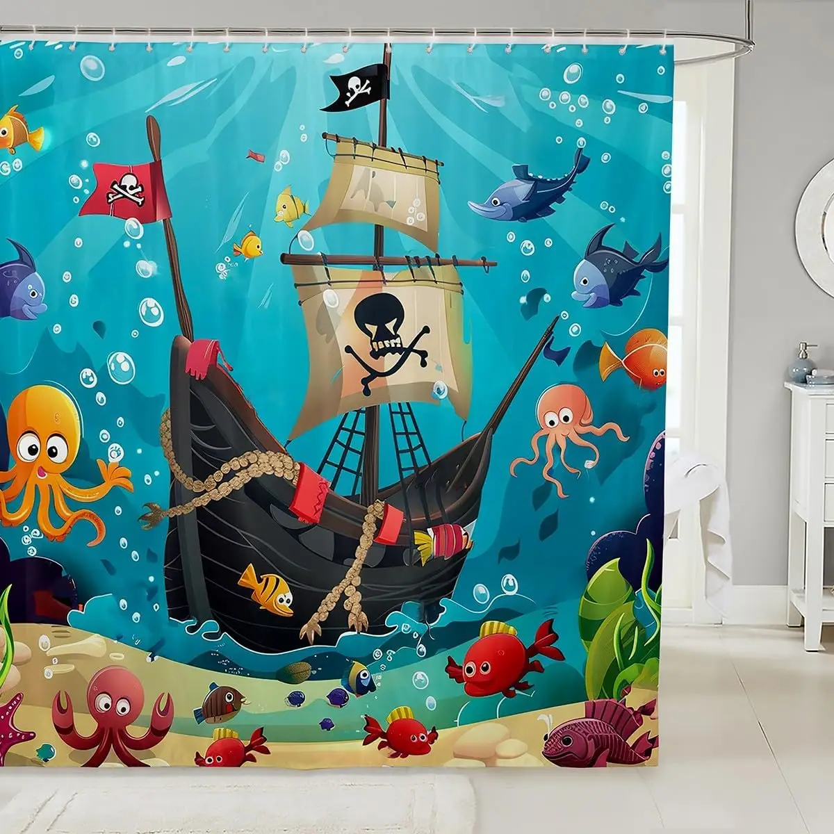 

Castle Fairy Cartoon Pirate Ship Waterproof Shower Curtains Marine Adventure Fabric Bathroom Shower Curtain Underwater Fish Dorm