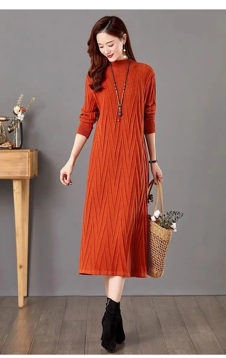 Solid Color Woolen Sweater 2024 Autumn Winter Dress Women\'s Large Size Medium Length Over The Knee Knitted Dress Casual LJ563