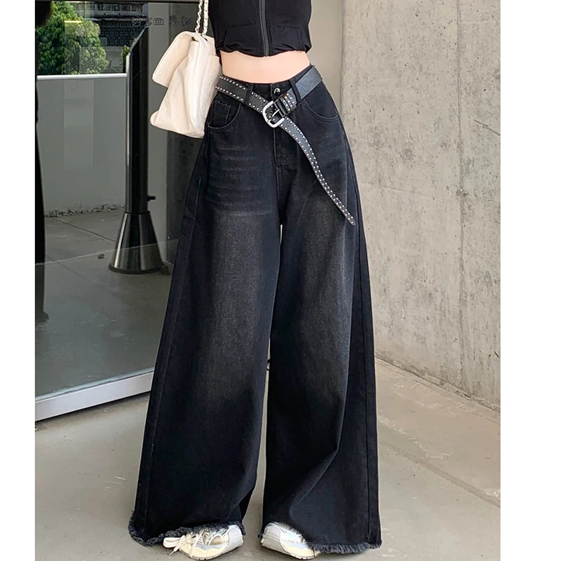 Retro High Waist Wide Leg Jeans Women Boyfriend Cargo Pants Streetwear Fashion Baggy Jeans Black Denim Pants Ripped Trousers