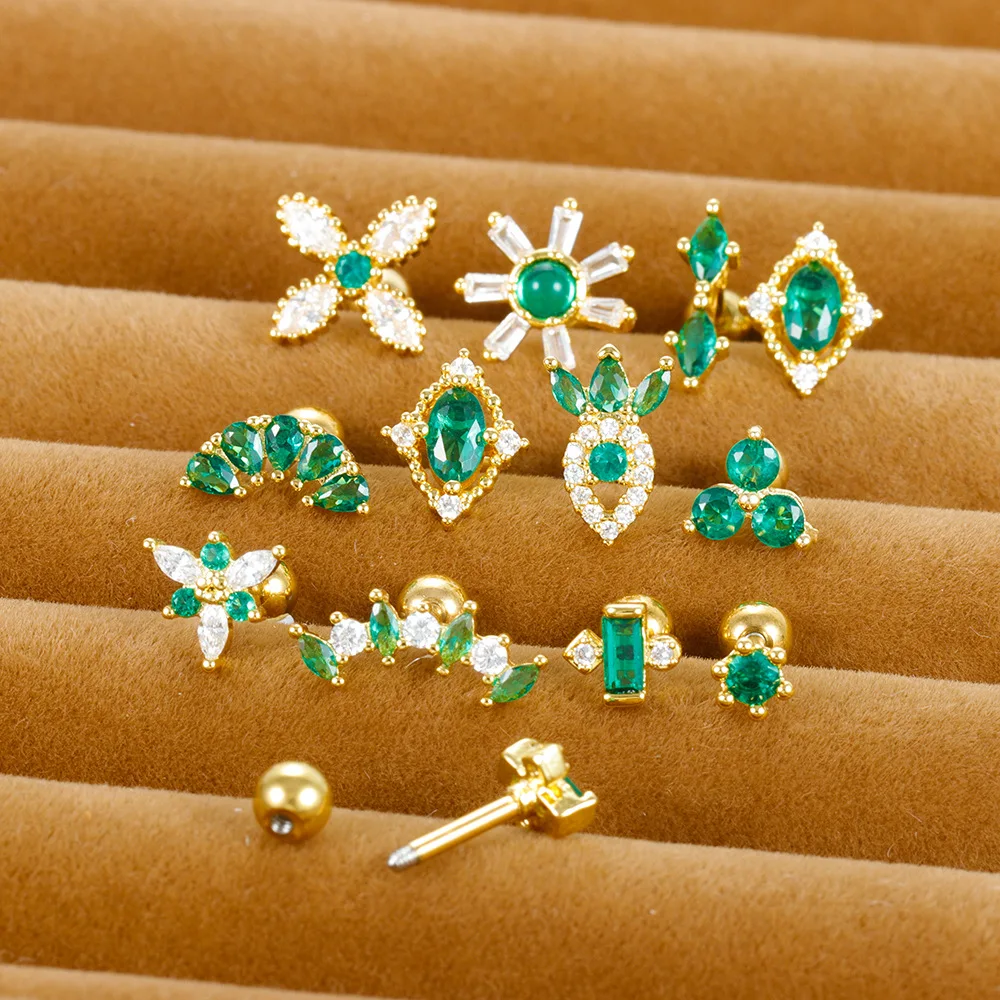 1PC Carrot Flower Green Zircon Stud Earrings Women Stainless Steel Gold Plated Cartilage Earring Helix Tragus Piercing Jewelry