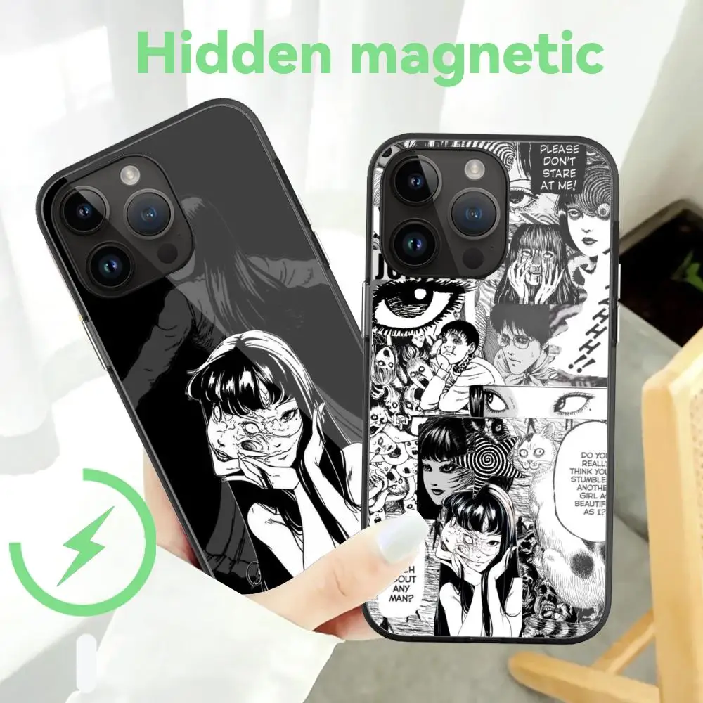 Junji Ito Tees Horror Phone Case For iPhone 15  Pro Max 14 13 12 11 Mini Plus Hidden magnetic Black Glass Cases