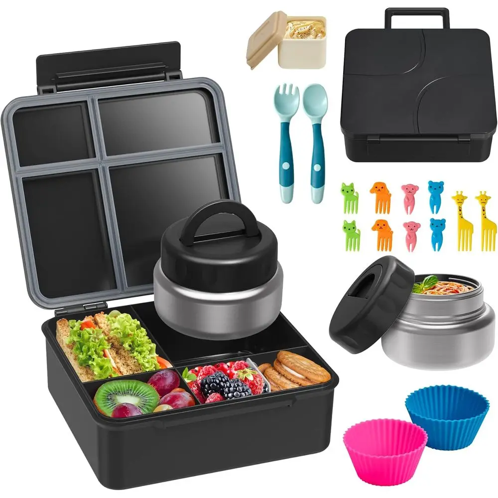 

Bento Lunch Box with 9.5 oz Soup Thermo, 4 Components Bento Box with Silicone Cupcake, Fruit Fork, Spoon and Sauce Cup, Insulate