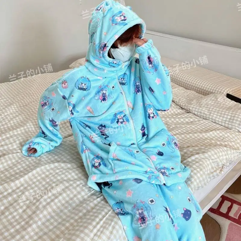 Anime Hatsune Miku Flannel Zip Hooded Pajamas Cartoon Cute Women Winter Warm Comfortable Long-Sleeved Home Clothes 2 Piece Set