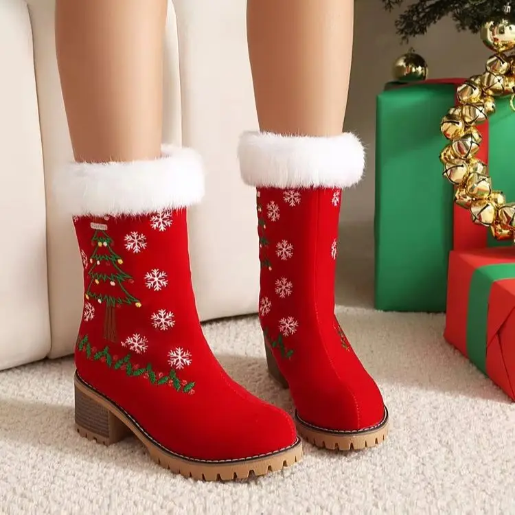 Women Christmas Embroidery Faux Fur Mid Calf Boots Round Toe Block Heel Warm Winter Festive Cute Pull-On Fashion Party BootsF606